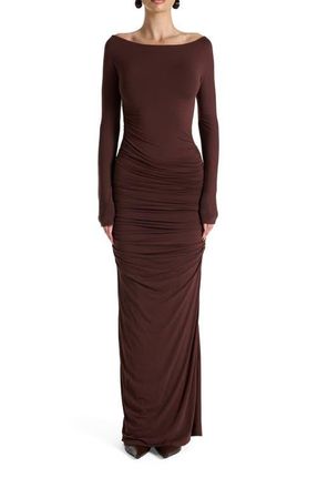 Naked Wardrobe Off the Shoulder Long Sleeve Body-Con Maxi Dress in Chocolate at Nordstrom, Size X-Small