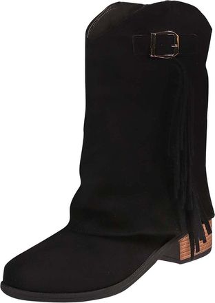 Generic Wide Calf Boots for Women Casual Tassel Fold Over Booties Solid Color Low Heel Buckle Comfortable Classic Western Boots Party Leisure