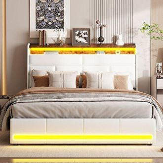 OEM Cama Doble 140x200 - Almacenamiento Hidr&aacute;ulico - Iluminaci&oacute;n Led 6000+ Colores - Dise&ntilde;o Moderno - Blanco