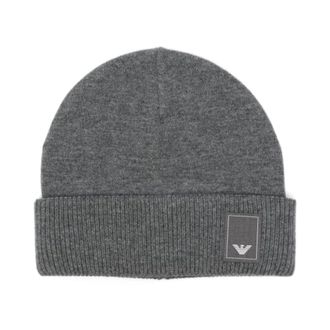 Emporio Armani Accessoires, Heren, Grijs, ONE Size, Gebreide Beanie met Logo Patch