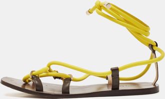 Jimmy Choo London Brown/yellow Rope And Leather Aziza Flat Ankle Wrap Sandals