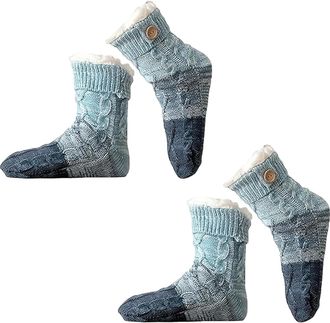 Generic Knitted Ultra-Thick Slipper Home Socks, 2026 New Non-Slip Tri-color Knit Patchwork Non-Slip Warm Winter Socks, Soft And Comfortable (2Blue)