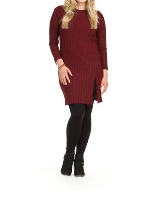 Papillon Ribbed Midi Long Sleeve Tunic Dress In Burgundy