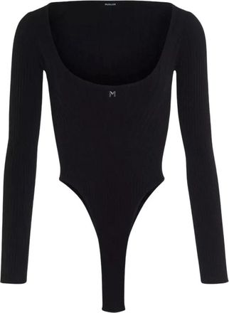 MUGLER Zwarte Gebreide Bodysuit met Diepe Halslijn - Dames - Bodies - Zwart - M - Katoen - Tops