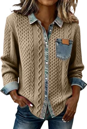 Generic Denim Sweater for Women Collar Button Up Patchwork Denim Pullover Shirt Vintage Waffle Knit Jean Sweater Casual Wear Blouses Casual Long Sleeve Jumper