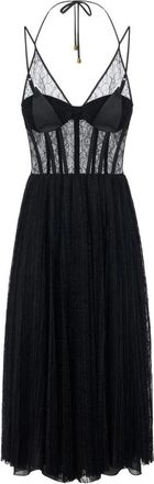 Elisabetta Franchi Midi Jurk in Bloemige Kant - Dames - Feestkleedjes - Zwart - S - Satijn - Kleedjes