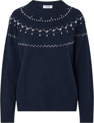 Liu Jo Gebreide trui met ronde hals en juweelversiering - Dames - Truien - Blauw - Maat: M Wol