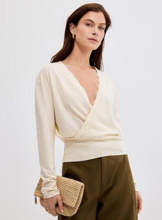 Contemporaine Womens Lace insert crossover sweater