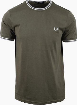 Fred Perry Mens FRED PERRY TWIN TIPPED T-SHIRT LAUREL GREEN/ECRU/DUSKY BLUE - Tan - Size: 38