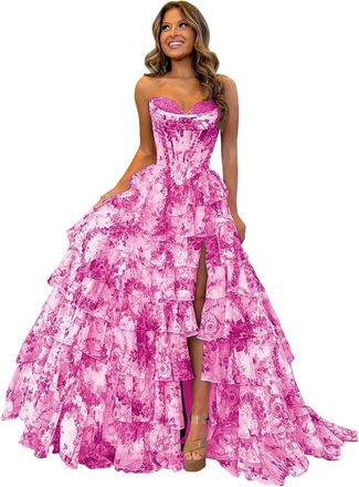 Generic Tulle Floral Print Prom Dress Long Slit Corset Tiered Formal Dress Strapless Sweetheart Evening Gown with Pockets Hot Pink XL