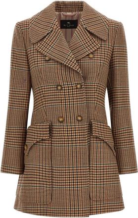 Etro Dubbele Rij Woljas met Prince of Wales Motief - Dames - Mantel - Bruin - S - Wol - Jassen