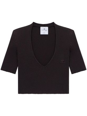 Courrèges ribbed knit V-neck top - Brown