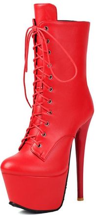 Generic Womens Stiletto High Heel Short Boots Lace Up Punk Booties with Side Zipper Patent Leather Platform Ankle Boots for Night Out & Catwalk,Matte Red,4.5 