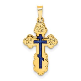 Diamond2Deal 14k Yellow Gold Polished Eastern Orthodox Blue Enamel Solid Cross Pendant