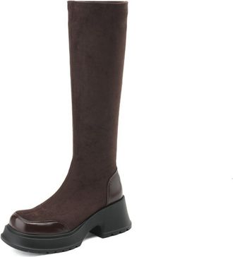 Generic Womens Knee-High Suede PU Leather Boots Square Toe Chunky Platform Block Heels Stretchy Slip On Mixed Material Soft Lining Cushioned Durable Outsole,B