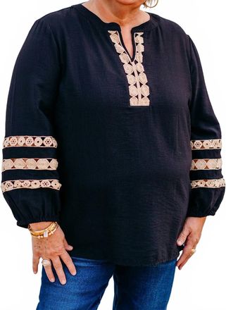 Multiples 3/4 Sleeve Band Top With Lace In Black