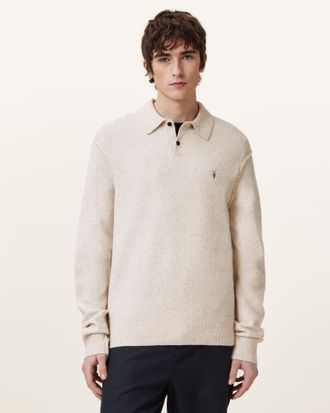 AllSaints Mens Viscose/Wool Statten Long Sleeve Ramskull Polo Jumper, Size: XXL