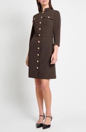 Ming Wang Deco Long Sleeve Crepe Sheath Dress in Dark Umber at Nordstrom, Size Large