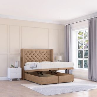 Sloomy Dior Naples Fabric Ottoman Bed End Opening With Sprung Memory Mattress & 54 Inch Floorstanding Headboard With Wings | Size: Double