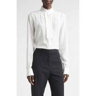 Tom Ford Pliss&eacute; Ruffle Silk Cr&ecirc;pe de Chine Button-Up Shirt in Off White at Nordstrom, Size 8 Us