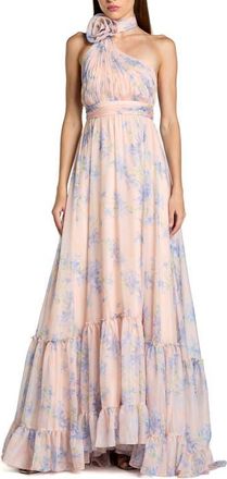 Mac Duggal Asymmetrical Floral Halter Chiffon Gown with Ruffles in Violet Multi at Nordstrom, Size 16