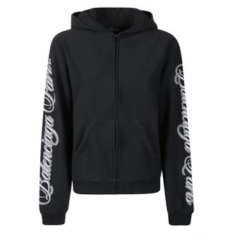 Balenciaga Cursive Zip-Up Hoodie - Dames - Vesten met rits - Zwart - L - Katoen - Hoodies & sweatvesten
