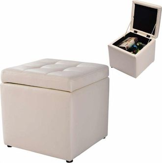 Costway Sgabello con Vano Portaoggetti Poggiapiedi in pu, capacit&agrave; di Carico Fino a 300 kg, 40 x 40 x 40 cm (Crema Bianco)