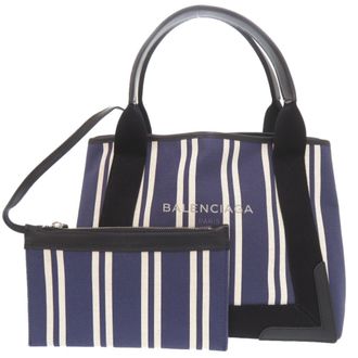 Balenciaga Black Navy White Canvas Leather Handbag Tote Bag (Pre-Owned)