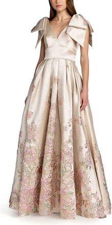 Mac Duggal Brocade V Neck Gown With Bow Straps in Champagne Multi at Nordstrom, Size 10