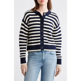 Madewell Button Front Cotton Crewneck Cardigan in Classic Ivory Stripe at Nordstrom, Size Xx-Large