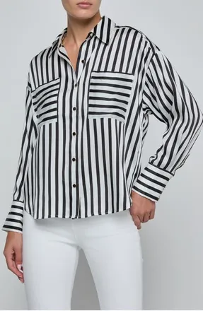 L'agence Eliora Relaxed Shirt in Black/Ivory Even Stripe at Nordstrom, Size X-Small