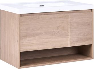 Beliani Mueble De Ba&ntilde;o Suspendido Con Lavabo Frente De Mdf 1 Caj&oacute;n 2 Estantes 90 X 50 Cm Marr&oacute;n Claro Umayo