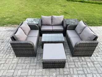 Fimous Outdoor Garden Furniture Sets 7 Seater Wicker Rattan Furniture Sofa Sets with Rectangular Coffee Table Love Sofa 2 Side Tables Big Footstool