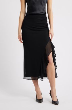 Open Edit Ruffle Chiffon Midi Skirt in Black at Nordstrom, Size Large