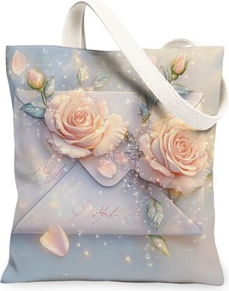 Generic Floral Canvas Tote Bag, Vintage Roses Design Reusable Grocery Bag, Elegant Lightweight Washable Shoulder Strap Canvas for Travel Beach Picnic 13x15 In