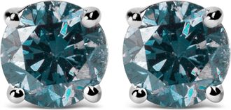 House of Brilliance 14K Gold Round Brilliant Cut Lab Grown Blue Diamond 4-Prong Classic Solitaire Stud Earrings with Screwbacks