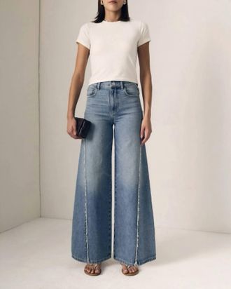 LE JEAN Joss Wide Leg Fray Outseam Jeans In Forget Me Not