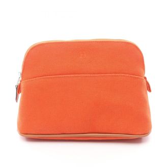 Herm&egrave;s Brown Orange Canvas Leather Pouch (Pre-Owned)