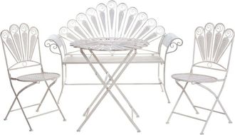 Beliani Garden Bistro Set Off-White Metal Powder Coated Table Bench and Chairs Peacock Motif Distressed Effect PAVIA