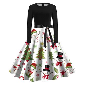 Generic Christmas Dress Women UK Xmas Vintage Print Long Sleeve O Neck Evening Party Dress Winter Elegant Swing Cocktail Dresses Outfits Fancy for Women (Red-