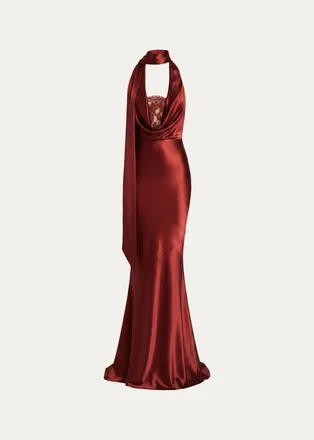 Retrof&ecirc;te Melly Satin Lace-Trim Scarf Gown
