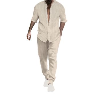 Generic Mens 2 Pieces Casual Outfits, Henley Shirts, 2-Piece Holiday Outfits, Beach Wear, Leisure Suit, Long Sleeve Shirt, Casual Trousers, Collar, Walking Su