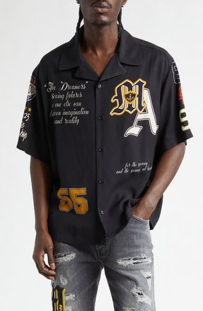 Amiri Varsity Patch Oversize Camp Shirt in Black at Nordstrom, Size Xxx-Large