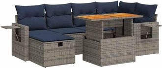 vidaXL 7 Piece Garden Sofa Set with Cushions Black Poly Rattan Acacia Vidaxl