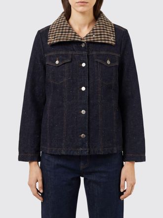 Ganni Giacca di jeans corta in cotone con colletto a fantasia check