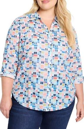 Nic+Zoe Portofino Geo Print Cotton Boyfriend Shirt in Blue Multi at Nordstrom Rack, Size 2X
