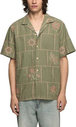 Lucky Brand Embroideree Slub Cotton Camp Shirt in Olive Multi at Nordstrom, Size Xx-Large