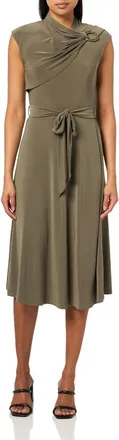 Halston Heritage Sleeveless Draped Neck Oval Hardware Dress In Sage