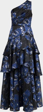 Aidan Mattox Tiered One-Shoulder Floral Jacquard Gown