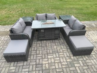 Fimous Rattan Outdoor Garden Furniture Sofa Set Gas Fire Pit Dining Table Gas Heater with 2 Side Tables Love Sofa 2 Big Footstool in Dark Grey